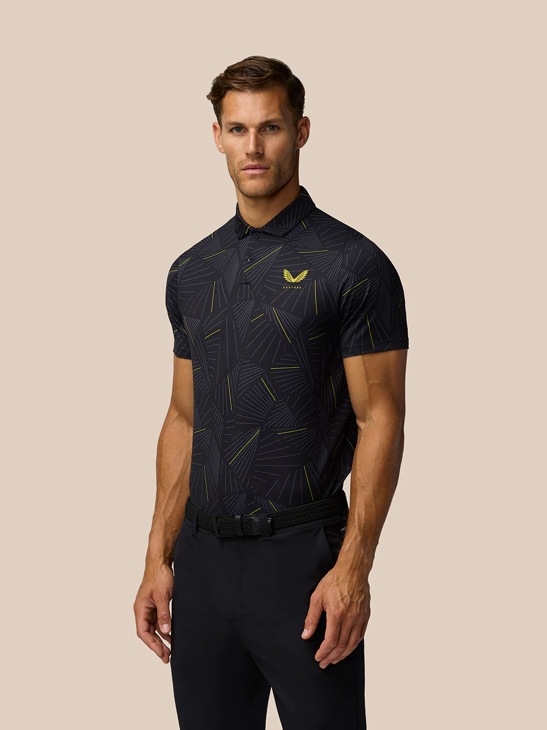 Golf Club Swing Printed Polo - Black/Gunmetal/Mustard - Image 2